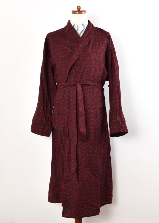 Classic Shawl Collar Wool Robe Size L - Burgundy Paisley