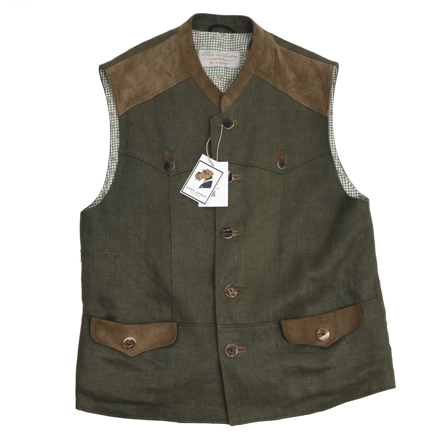 H. Moser Linen & Leather Vest/Trachtenweste Size 50 - Green