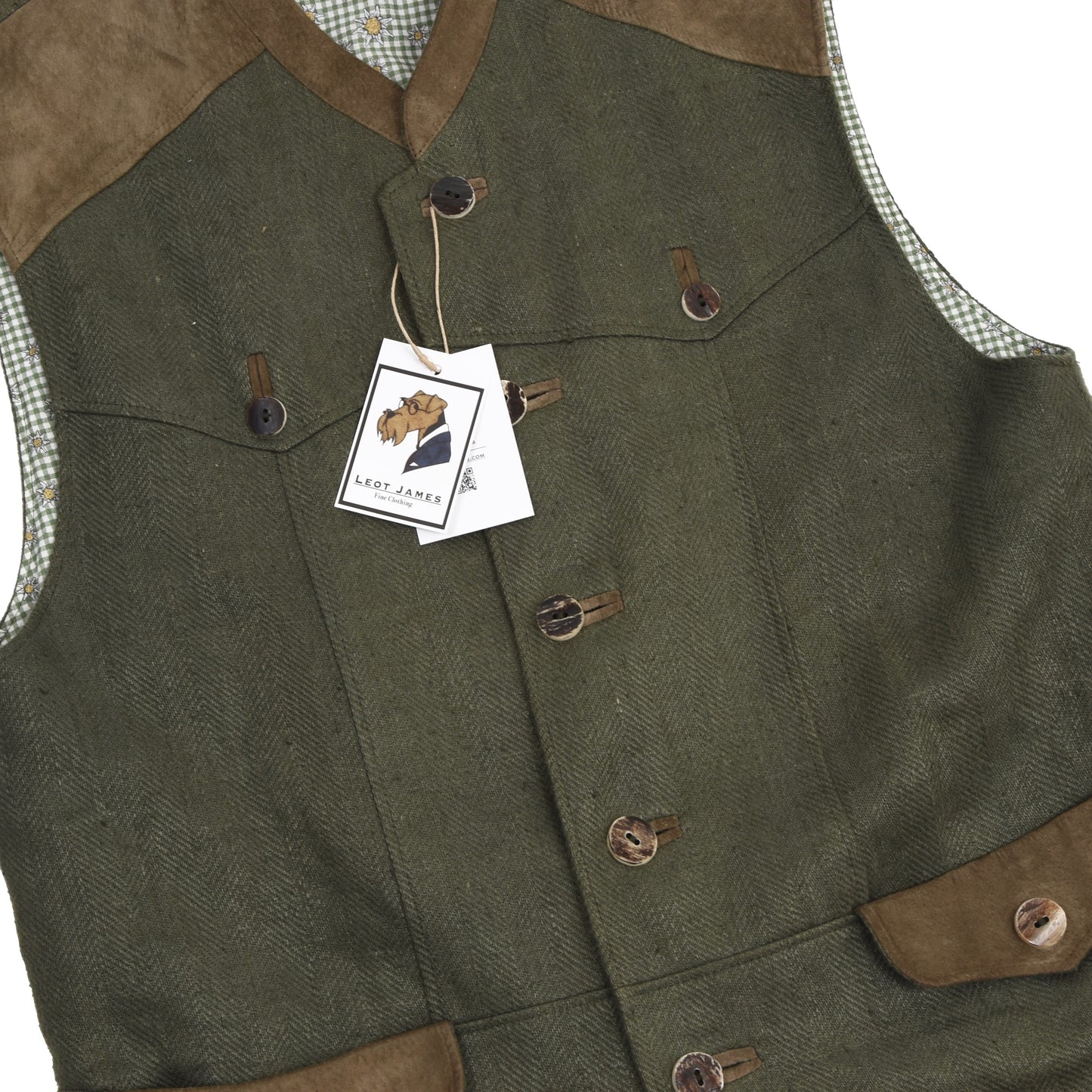 H. Moser Linen & Leather Vest/Trachtenweste Size 50 - Green