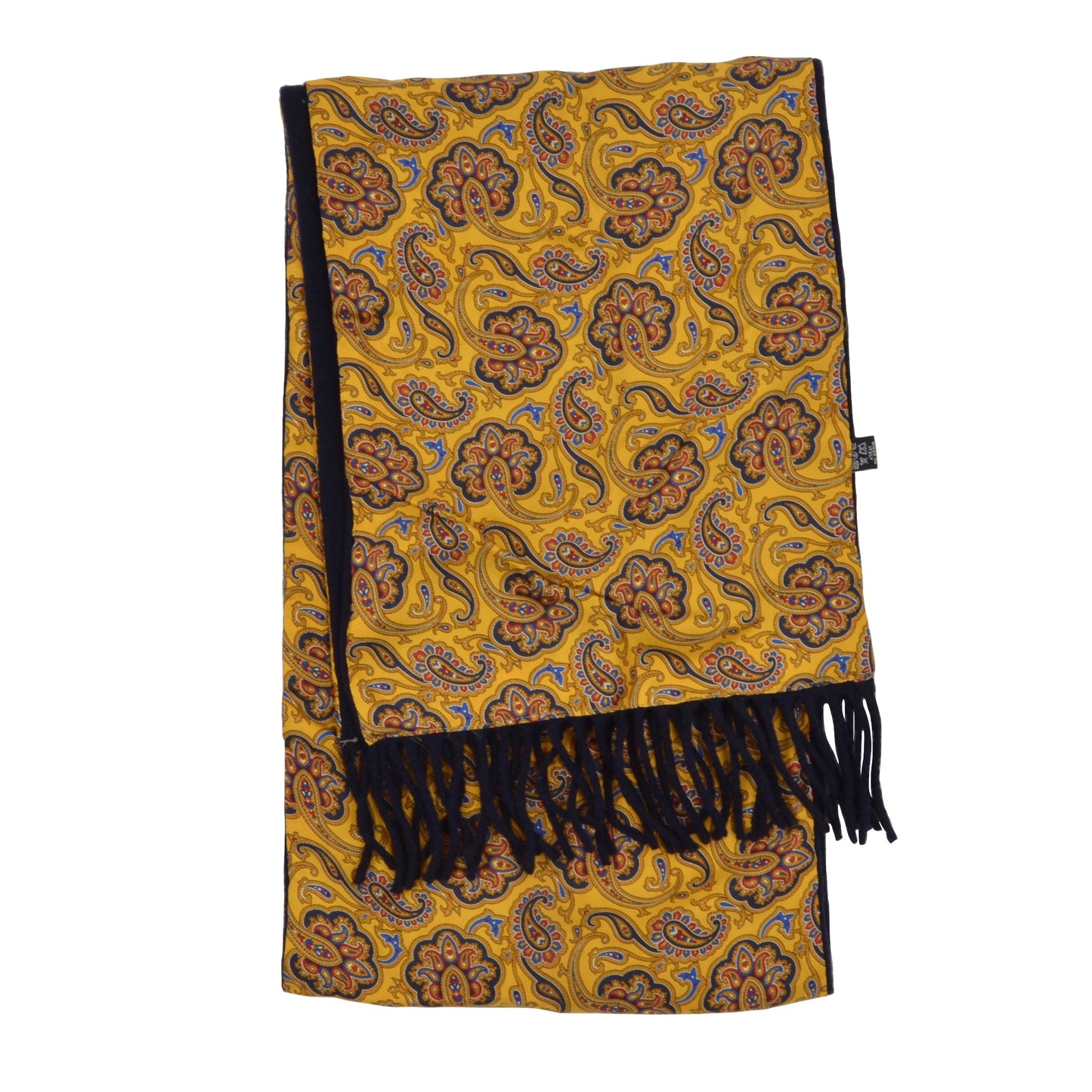 Classic Double-Sided Silk/Wool Dress Scarf - Yellow Paisley/Navy
