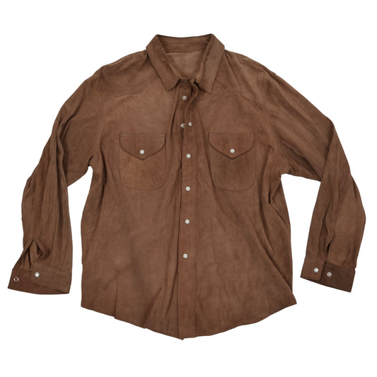 Suede Leather Western Pearl Snap Shirt Size L- Brown