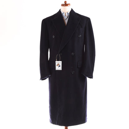 100% Cashmere Double-Breasted Peak Lapel Overcoat  - Navy Blue