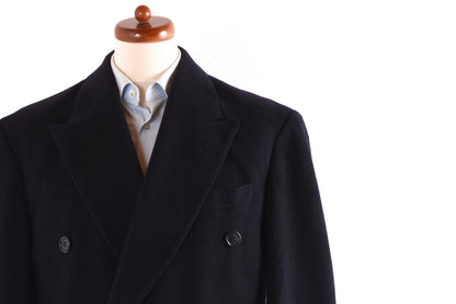 100% Cashmere Double-Breasted Peak Lapel Overcoat  - Navy Blue