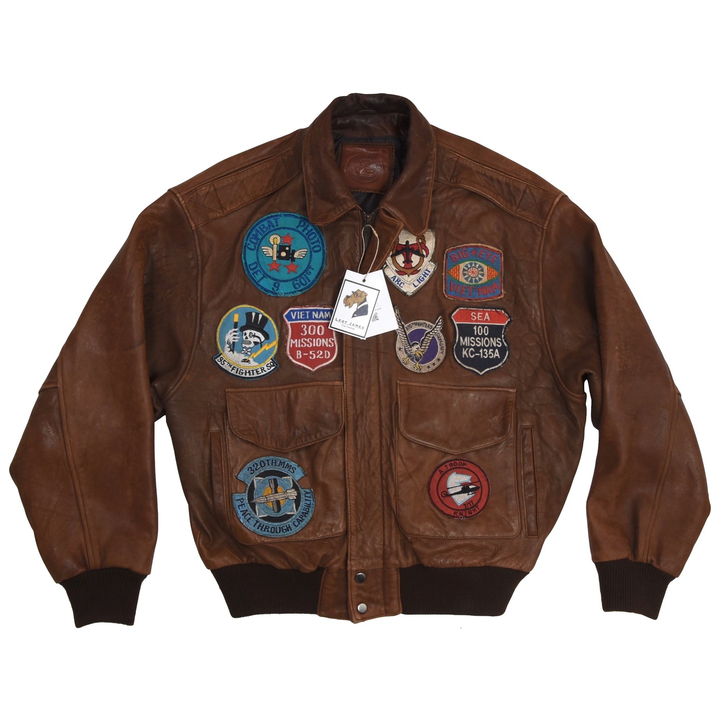 Vintage handbemalte Leder Fliegerjacke feat. Vietnam Patches - Braun