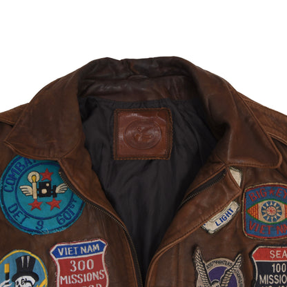 Vintage handbemalte Leder Fliegerjacke feat. Vietnam Patches - Braun