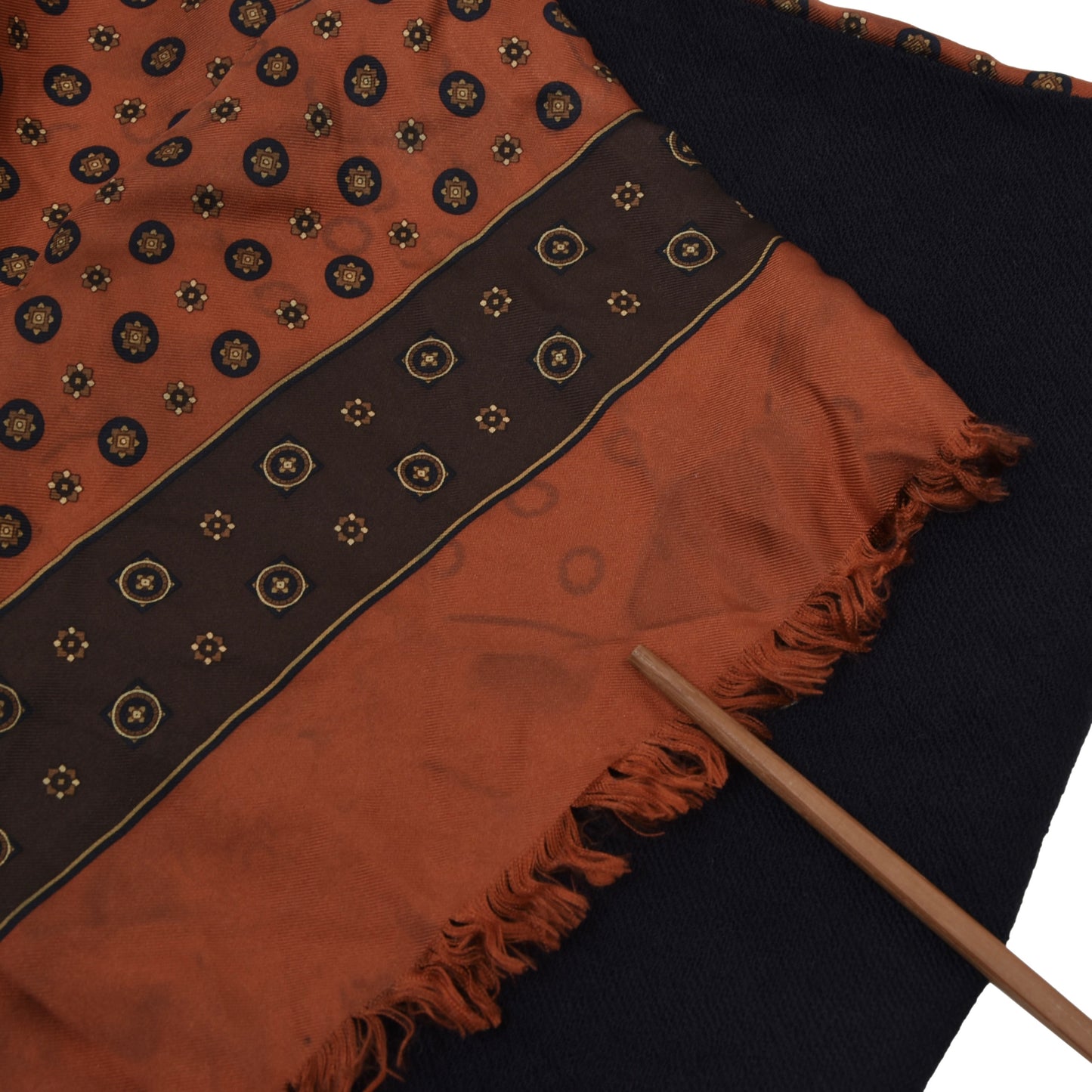 Double-Sided Silk & Wool Scarf Length 155cm - Orange Medallions/Navy Blue
