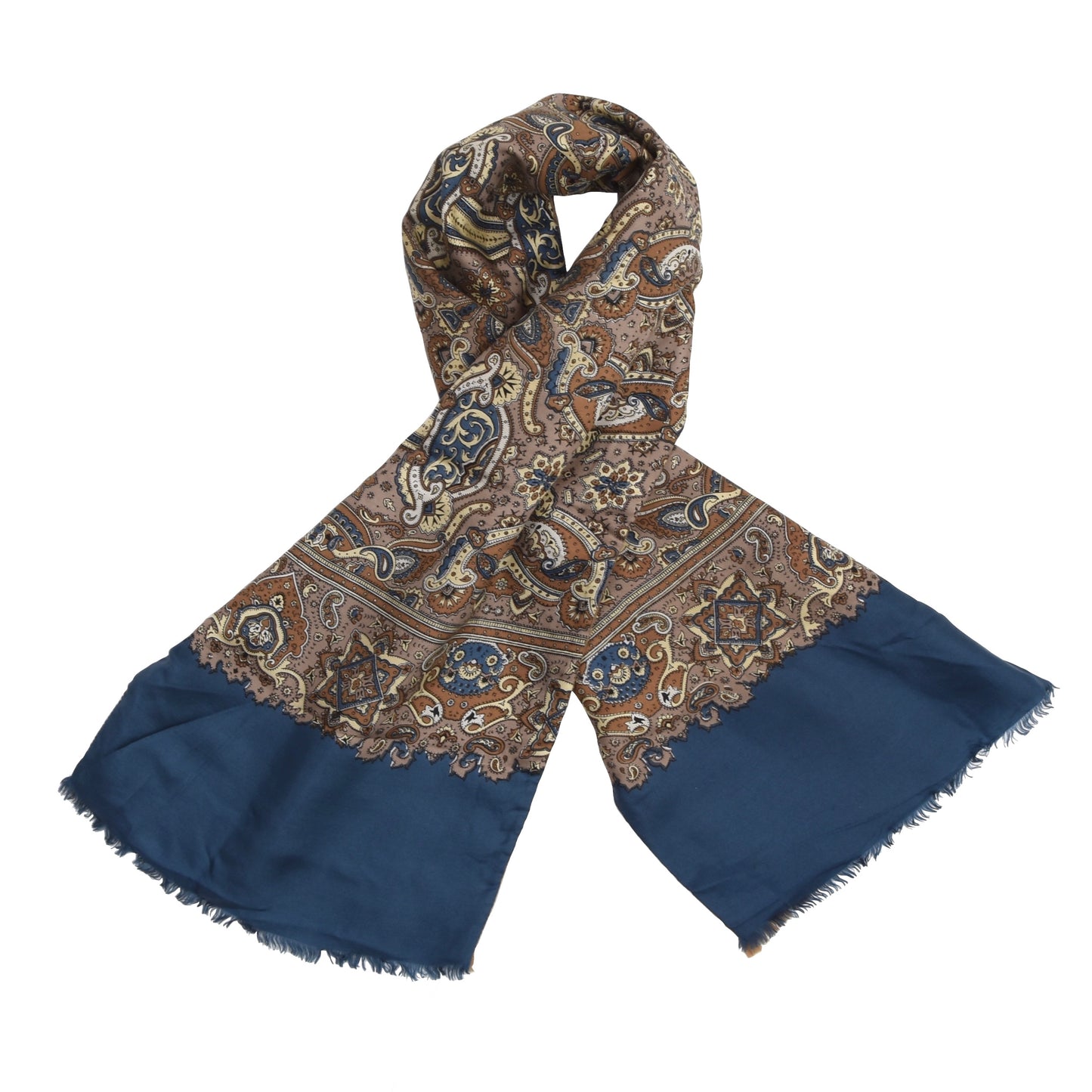 Doppelseitiger Schal aus Seide/Wolle - Blau/Beige Paisley