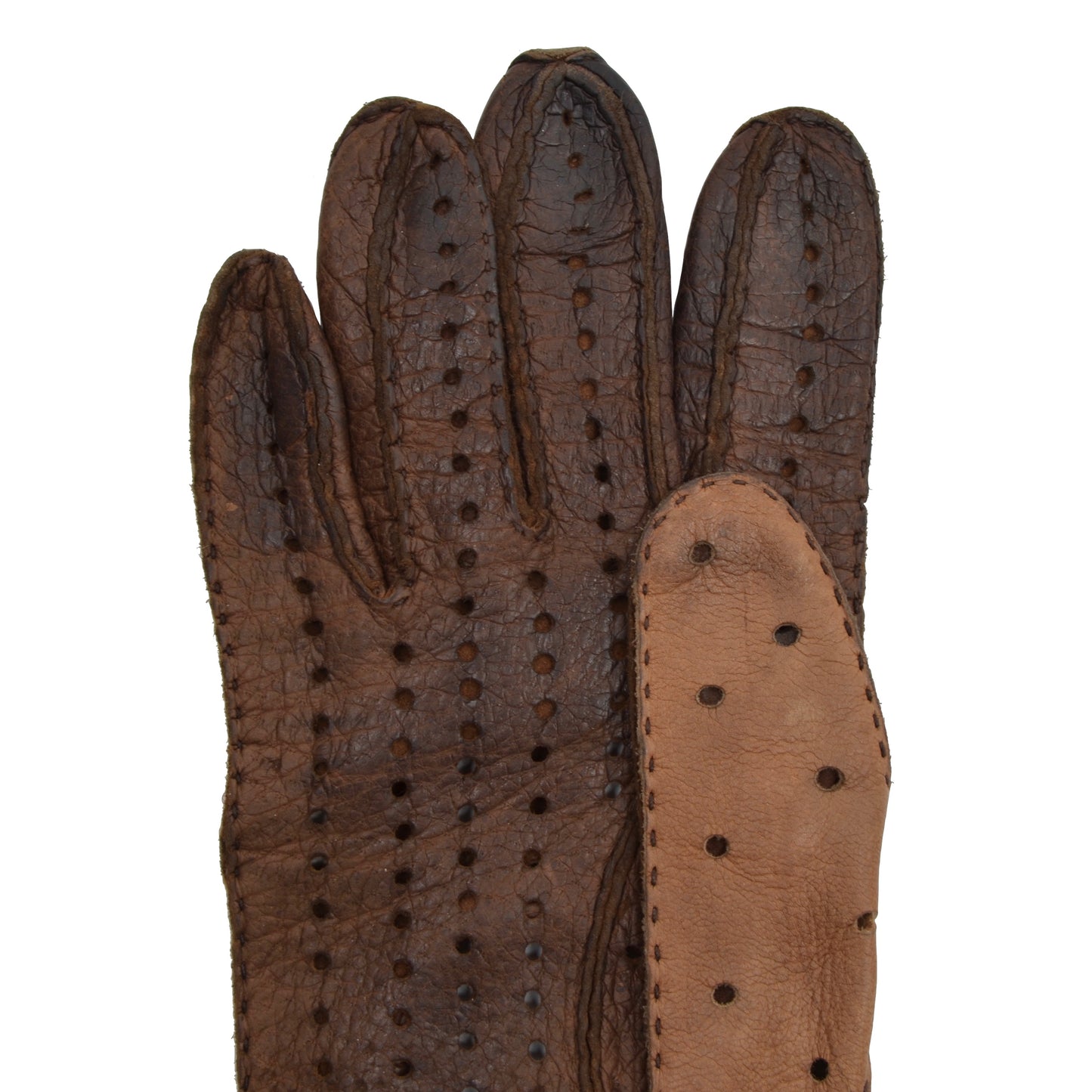 Unlined Peccary & Leather Driving Gloves - Brown/Tan