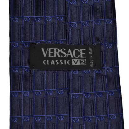 V2 Versace Spellout Silk Tie - Black & Blue