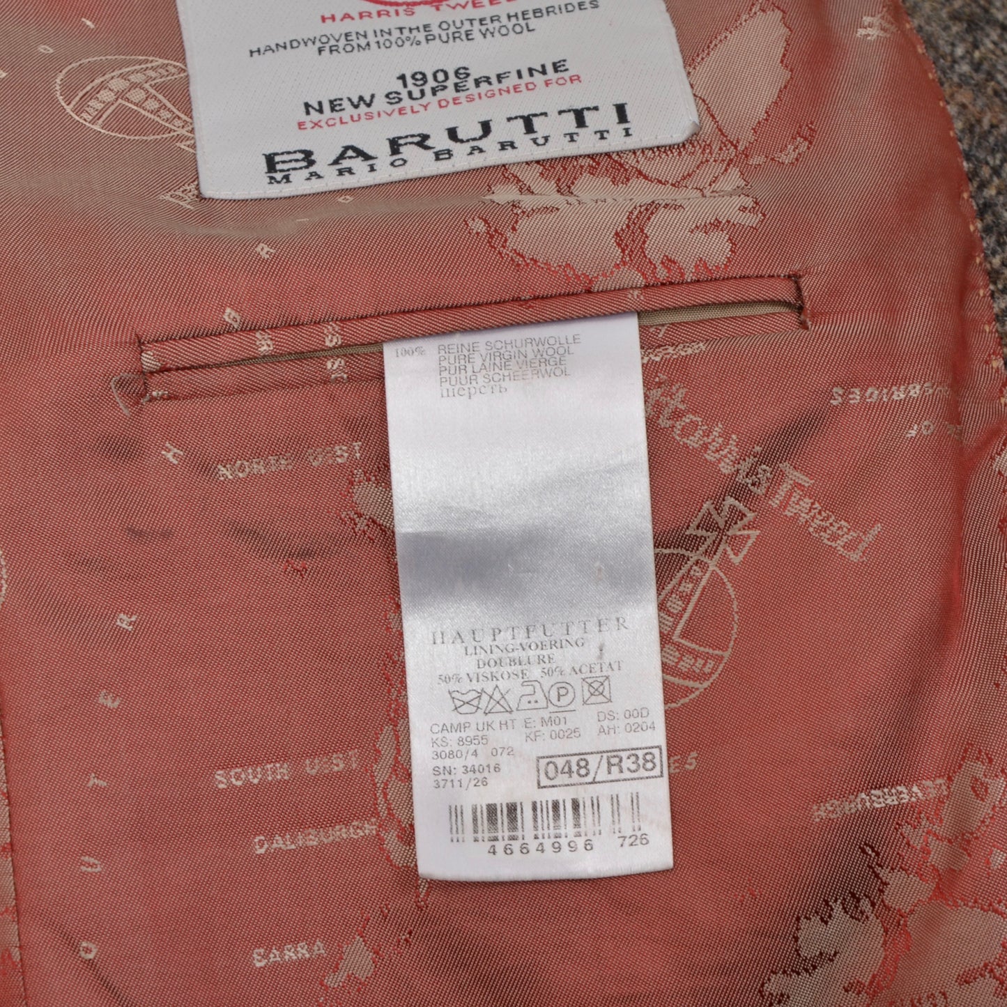 Jacke aus Harris-Tweed/Barutti-Wolle, Größe 48/38R, braune Fensterscheibe