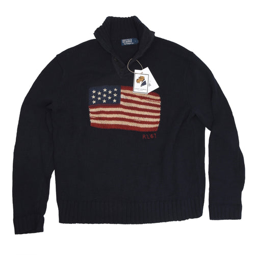 Polo Ralph Lauren Pullover aus Baumwolle/Leinen mit amerikanischer Flagge, Größe XL – Marineblau