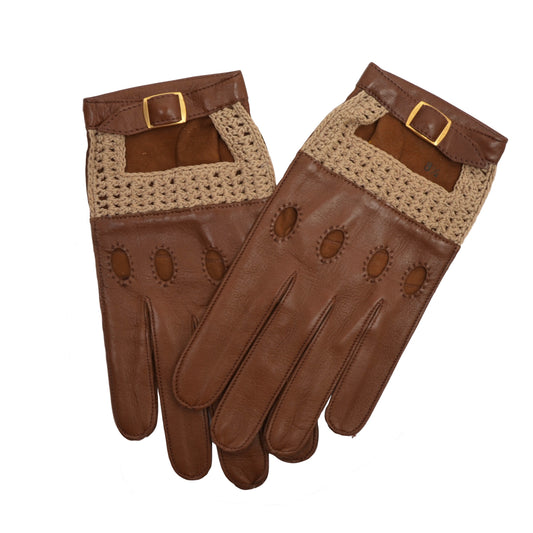Unlined Leather/Knit Driving Gloves Size 8.5 - Brown