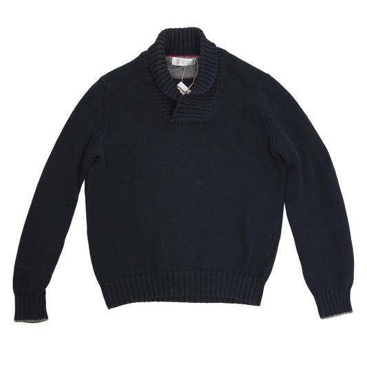 Brunello Cucinelli Pullover mit Schalkragen Größe 48 - Marineblau