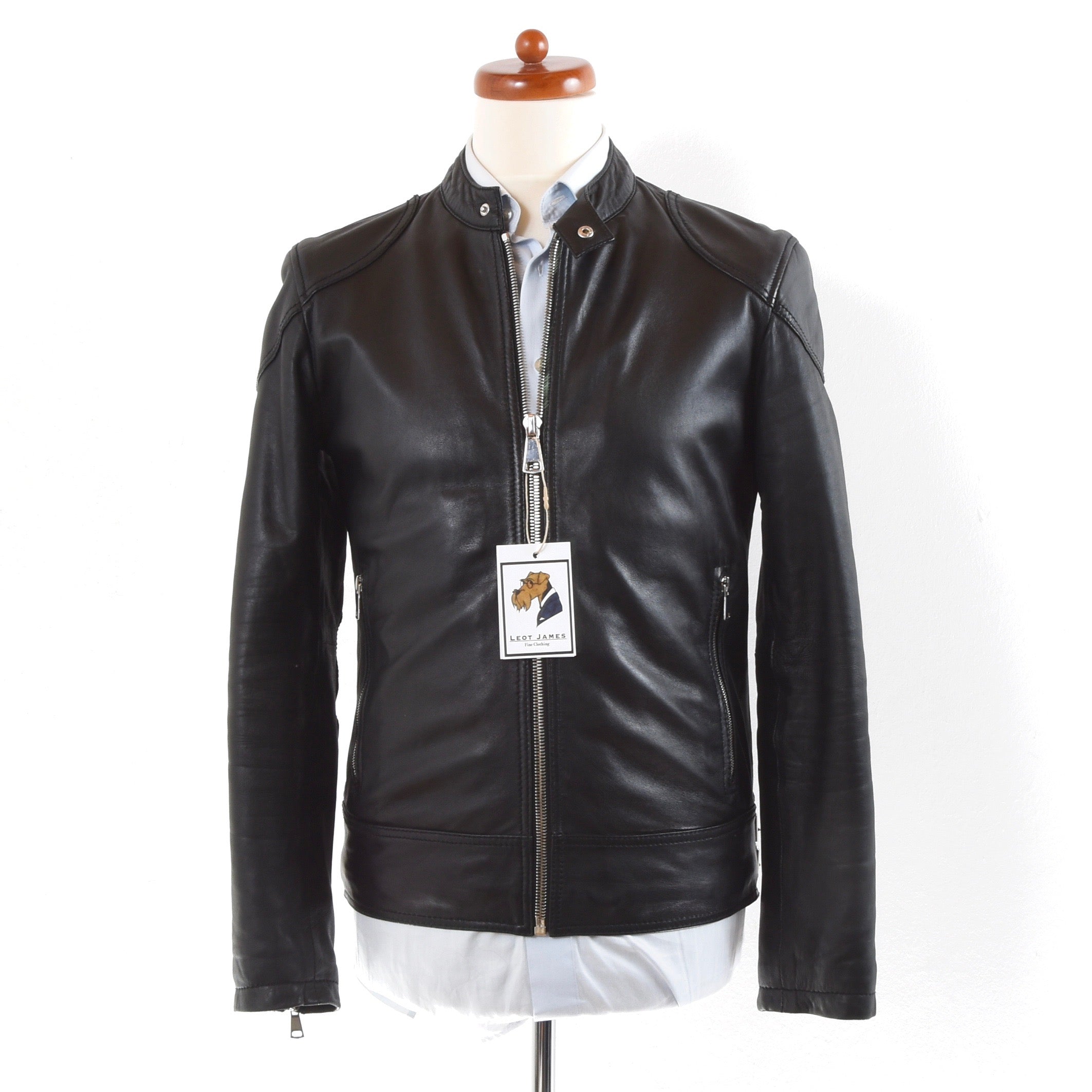 Zara Lambskin Cafe Racer Leather Jacket Size M Black Leot James