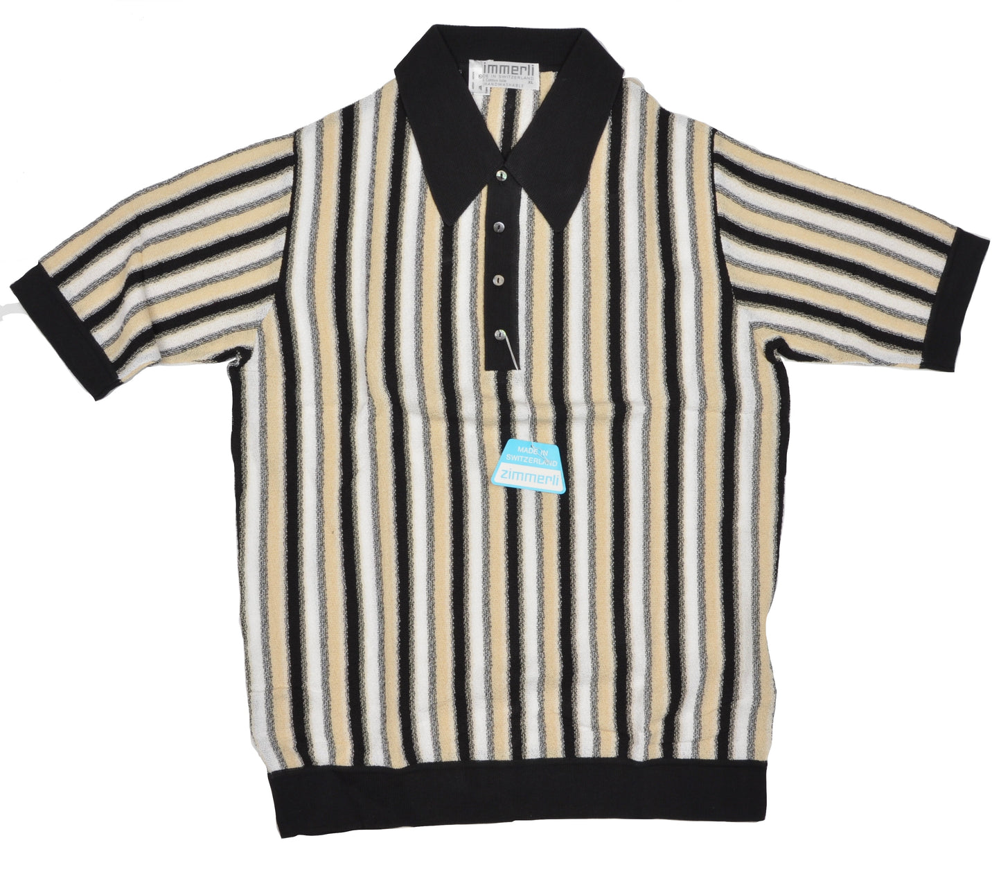 Knit Striped Polo Shirt by Zimmerli Size XL - Cotton Lisle Black, White & Beige