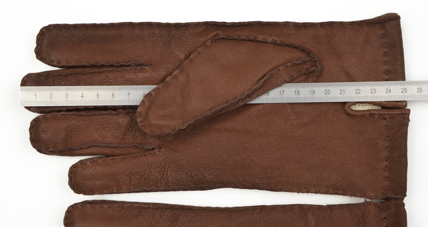 Lined Hand-Stitched Leather Gloves Size M - Brown