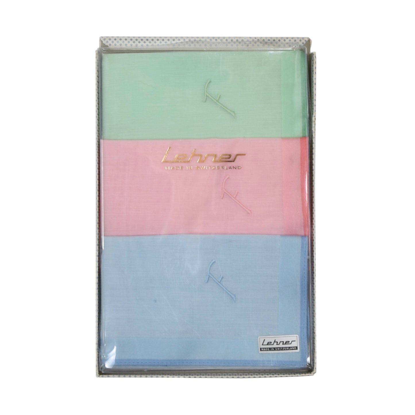 NOS Lehner Switzerland Monogrammed F Handkerchief/Pocket Square Set - Blue/Pink/Green