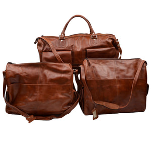 3-teiliges Reisetaschen-Set aus Leder Duffle/Shoulder - Braun