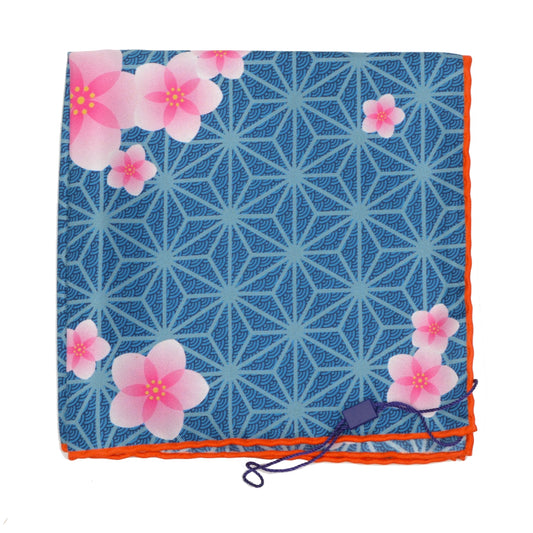 Sieger Hibiscus Print Silk Pocket Square - Blue