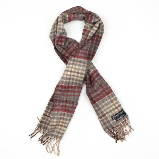 Plaid Winter Scarf in 100% Pure Cashmere - Cream/Grey/Burgundy