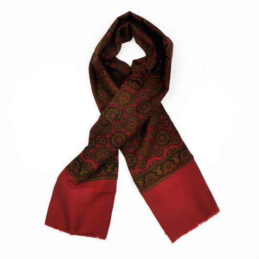 Wool Challis Dress Scarf - Red & Green Medallion